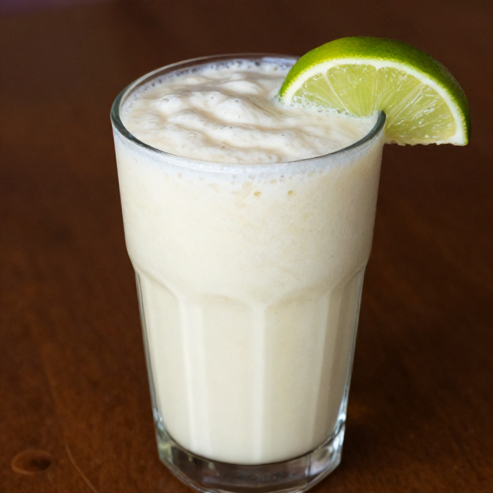 Coconut Key Lime Pie Smoothie served in a glass with a lime wedge