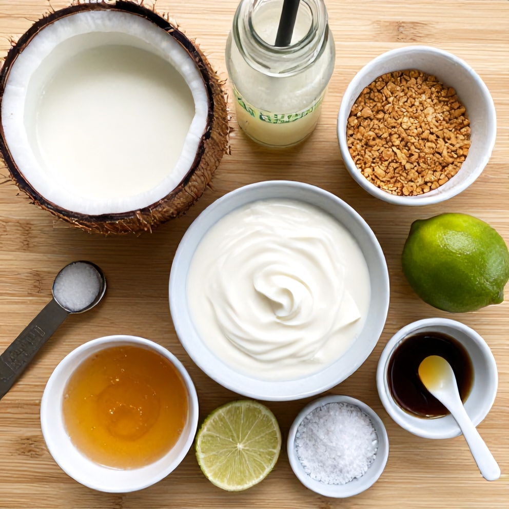 Raw ingredients for Coconut Key Lime Pie Smoothie on a wooden surface