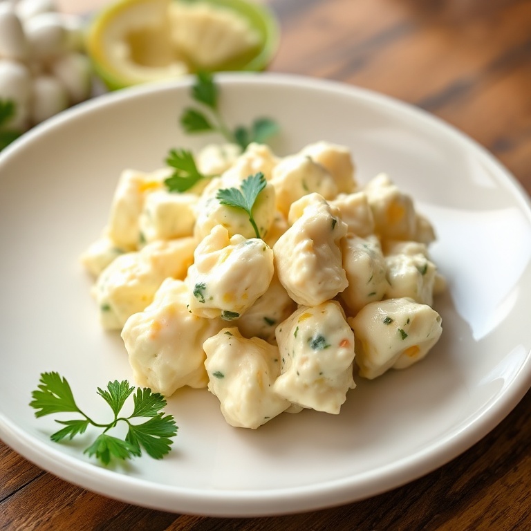 A close-up of a single serving of creamy cottage cheese egg salad on a white ceramic plate. Fresh parsley garnish visible. Warm side lighting shows texture. Photorealistic food photography. No text. No watermark.