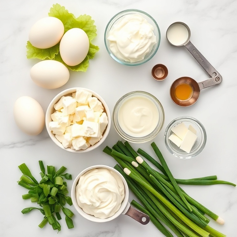 Overhead flat lay of the raw ingredients for creamy cottage cheese egg salad. Eggs, cottage cheese, mayonnaise, celery, and green onions prominently visible. Small prep bowls, measuring spoons, and cups near the ingredients. White marble surface. Bright even natural light. Photorealistic food photography. No text. No watermark.