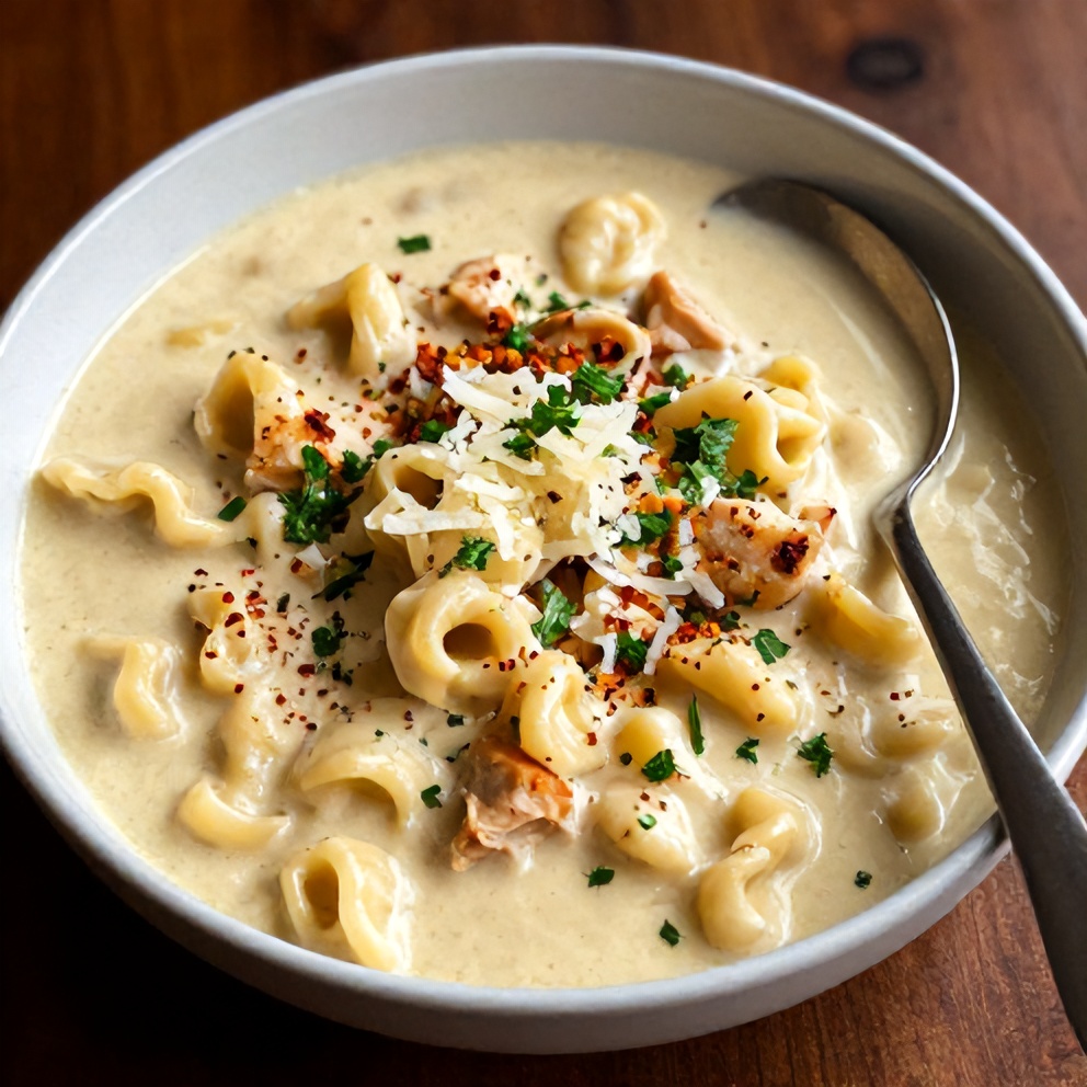 Plated serving of Creamy Crock Pot Chicken Parmesan Soup with Tortellini