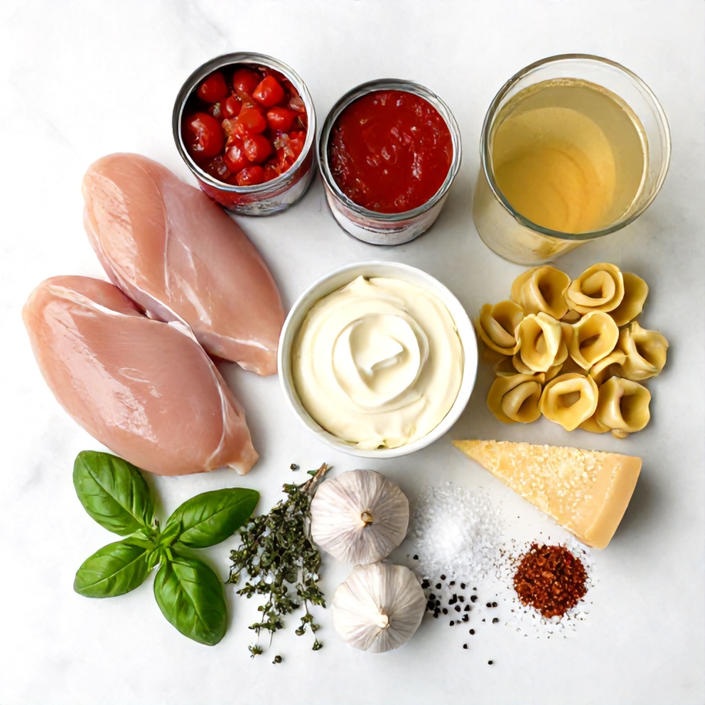Raw ingredients for Creamy Crock Pot Chicken Parmesan Soup with Tortellini