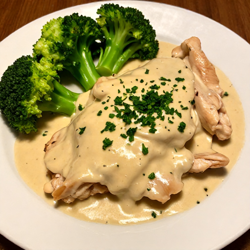 One perfect plated serving of creamy Crockpot Marry Me Chicken on a white plate, with a side of steamed broccoli and a sprinkle of chopped fresh parsley