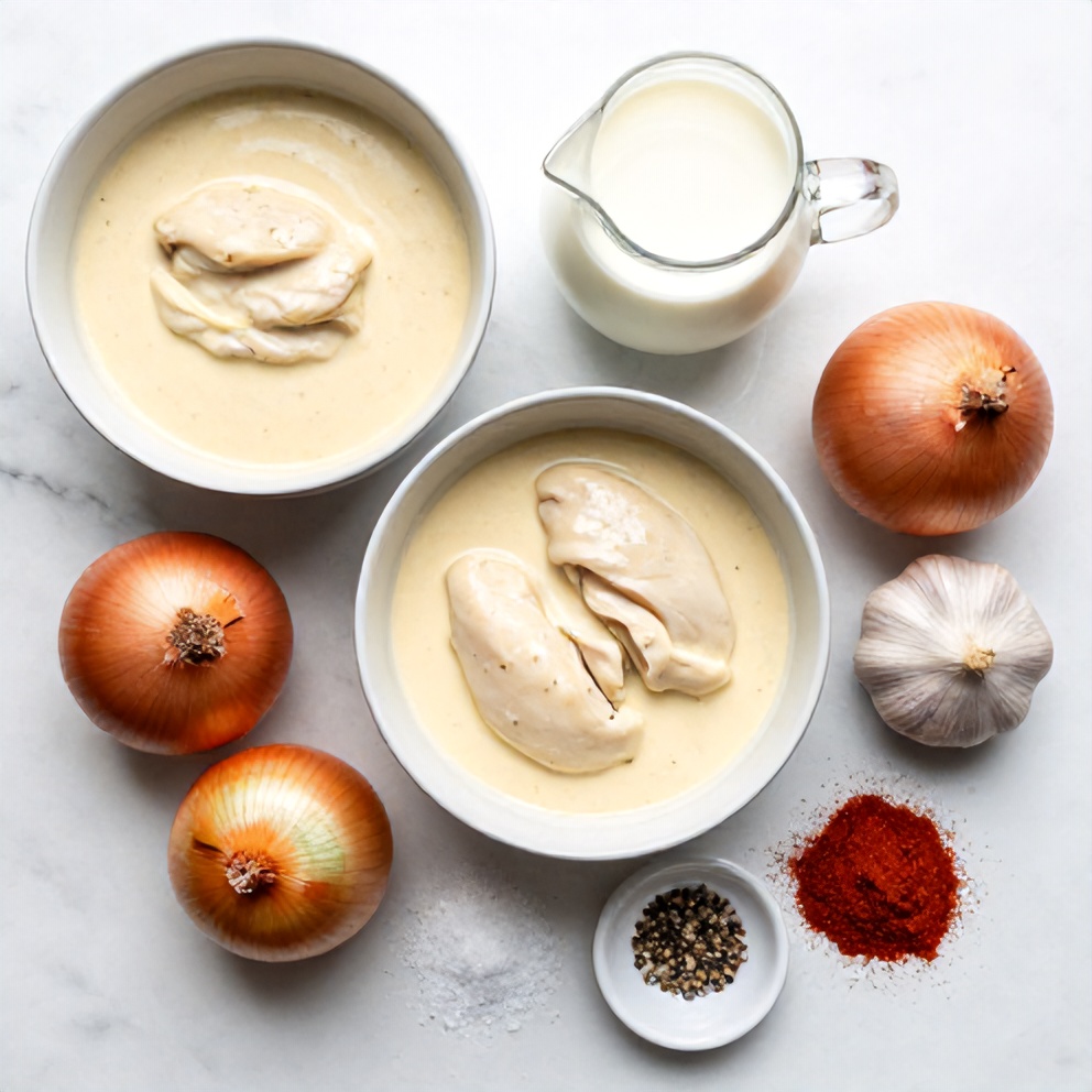 Raw ingredients for creamy Crockpot Marry Me Chicken: chicken breasts, cream of chicken soup, milk, chicken broth, onion, garlic, salt, pepper, and paprika arranged in a flat lay on a white marble surface