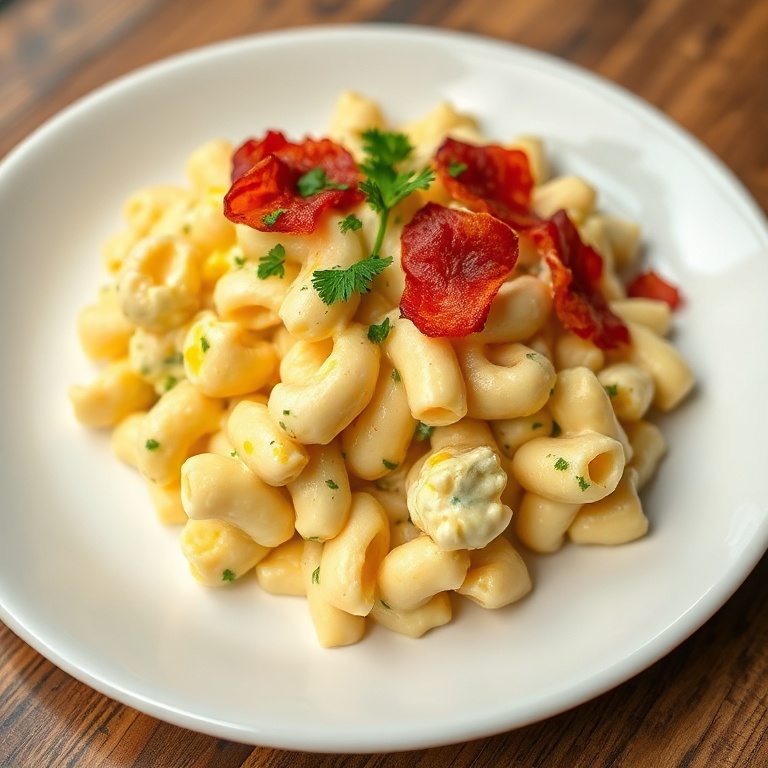 Creamy deviled egg macaroni salad on a white dinner plate with crispy bacon and fresh herbs