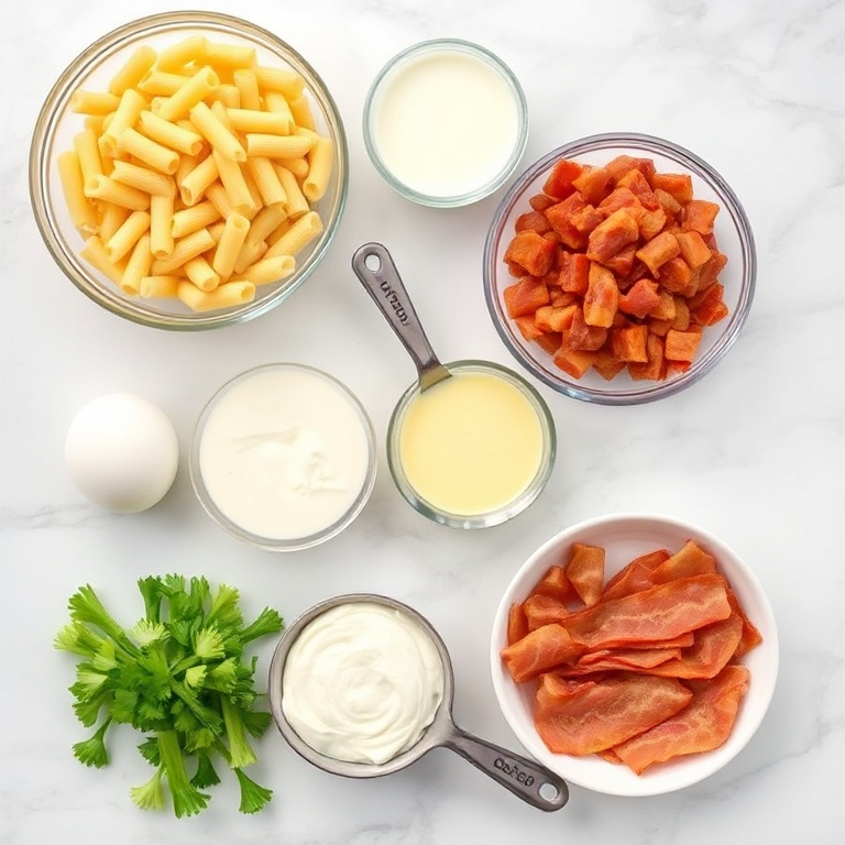 All ingredients for creamy deviled egg macaroni salad on a white marble countertop