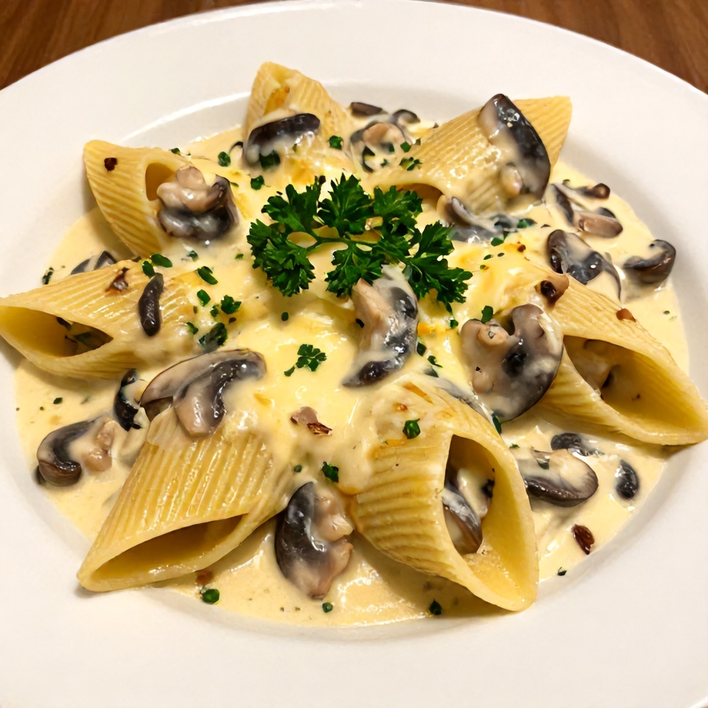 Plated Creamy Garlic Mushroom Stuffed Shells with a side of garlic bread
