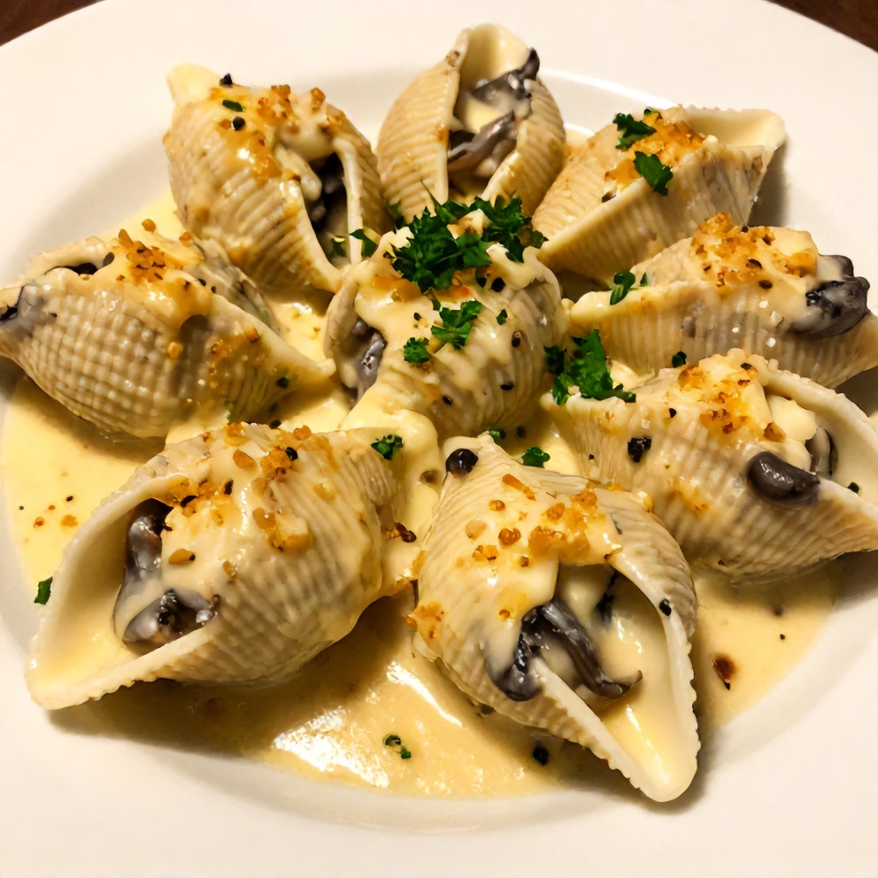 Plated creamy garlic mushroom stuffed shells with parsley garnish