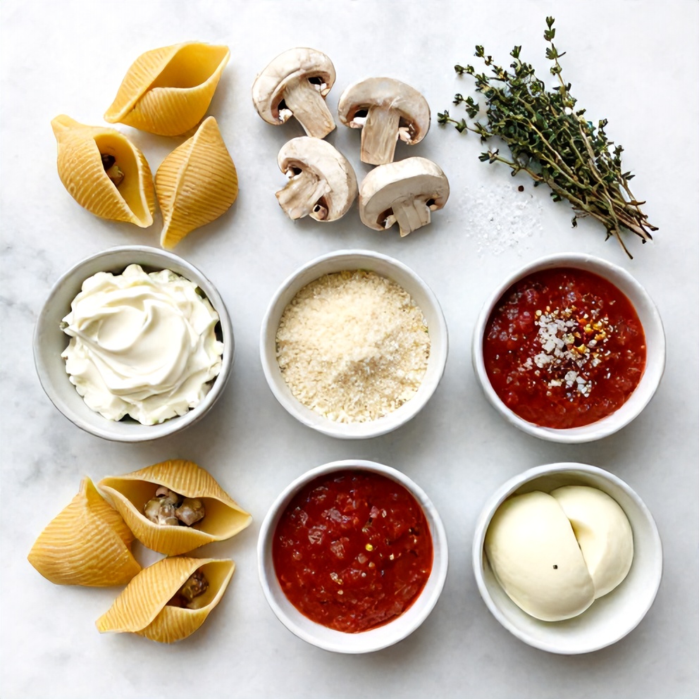 Raw ingredients for Creamy Garlic Mushroom Stuffed Shells on a marble surface