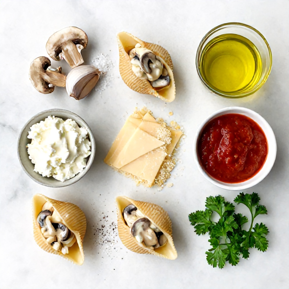Raw ingredients for creamy garlic mushroom stuffed shells on a marble surface