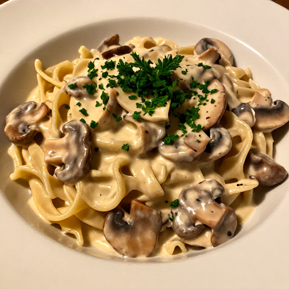 Plated Creamy Gorgonzola Truffle Mushroom Sauce Pasta