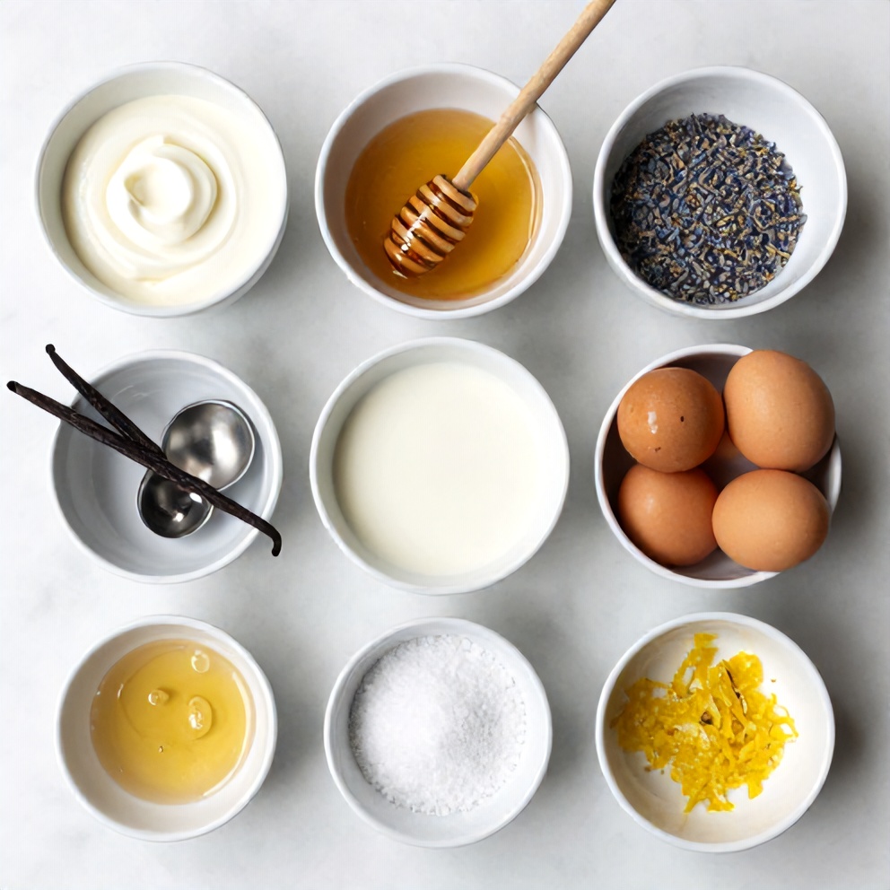 Raw ingredients for Honey Lavender Ice Cream