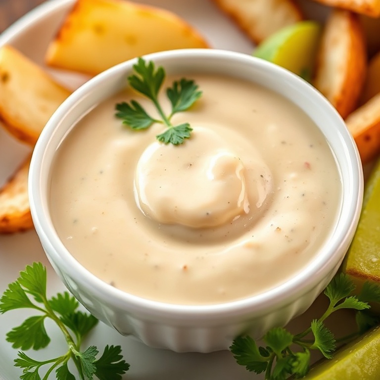 Plated Creamy Hot Honey Ranch Dressing in a white bowl. Garnished with parsley. Close crop with warm side lighting highlighting the creamy texture.