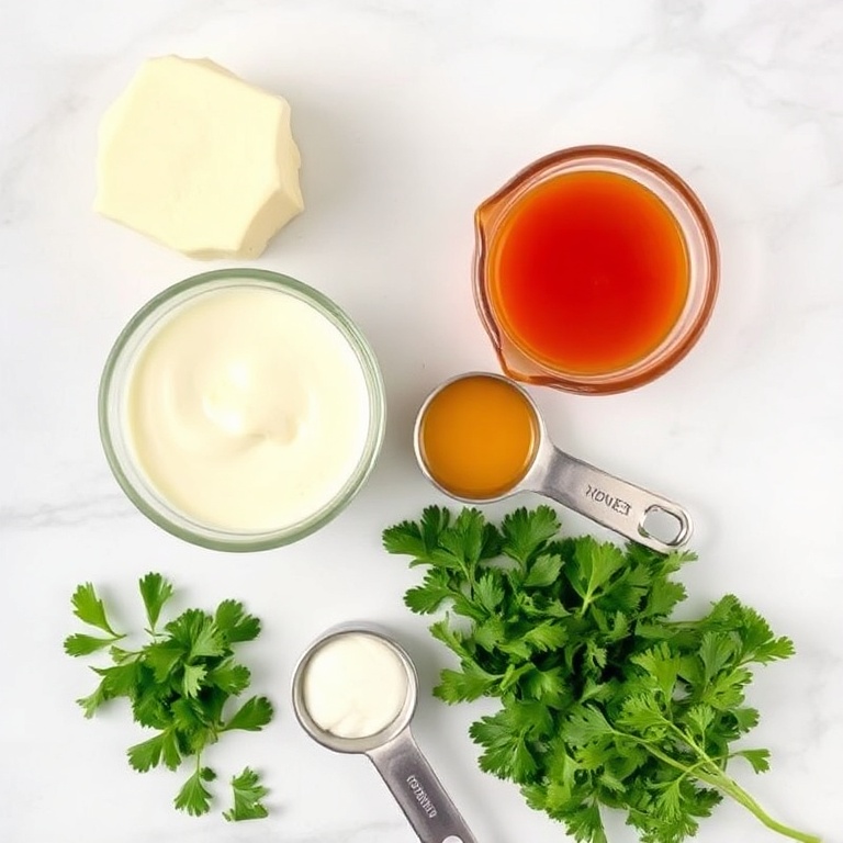 Raw ingredients for Creamy Hot Honey Ranch Dressing. Mayonnaise, buttermilk, honey, hot sauce, and fresh parsley. Measuring cups and spoons on a white marble surface.