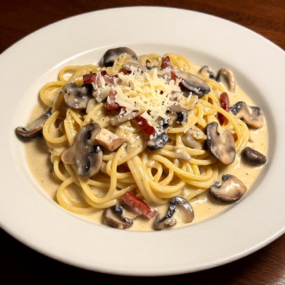 Plated creamy Italian mushroom carbonara with freshly grated Parmesan