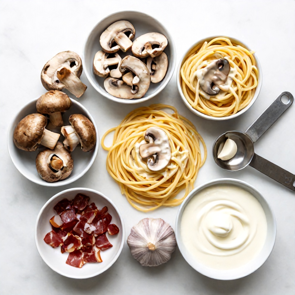 Raw ingredients for creamy Italian mushroom carbonara