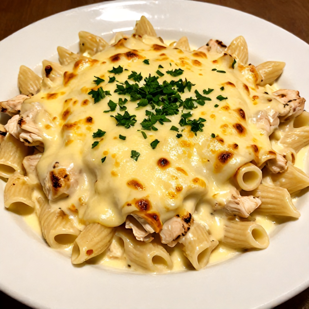 Plated serving of creamy lemon chicken pasta bake