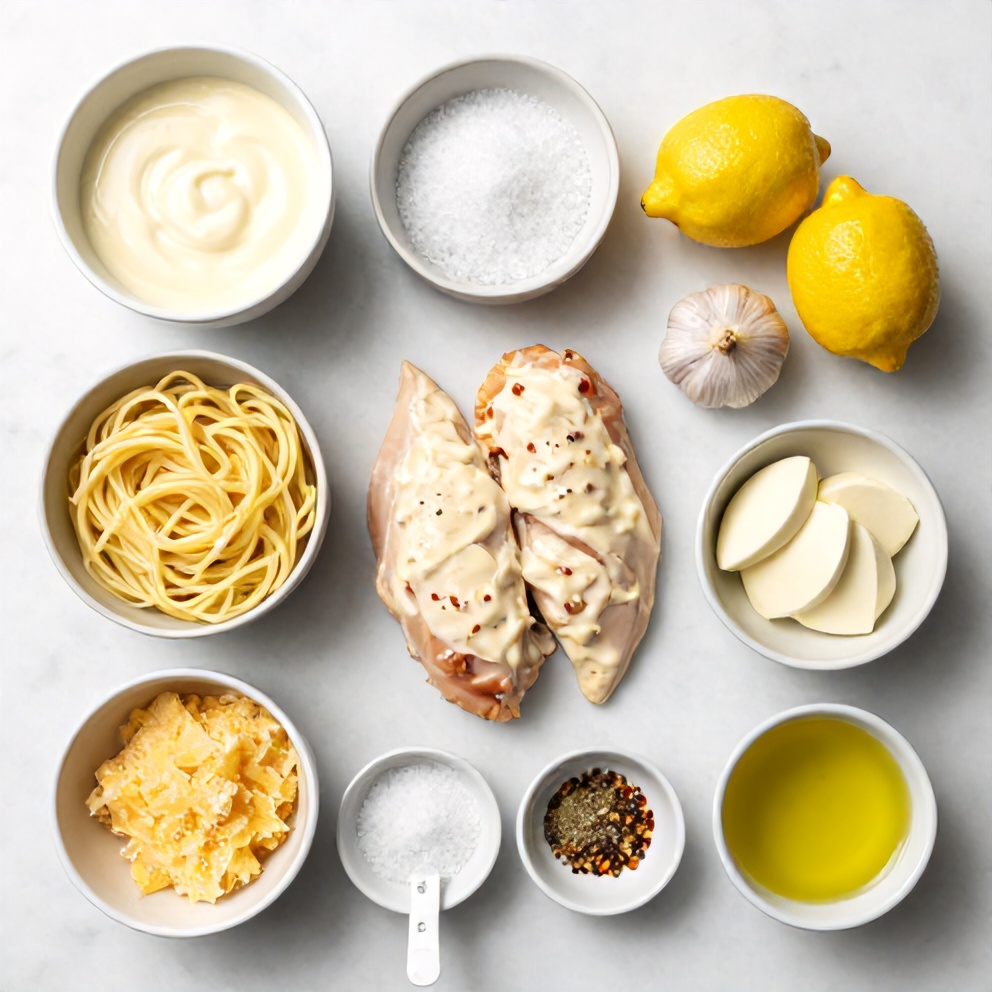 Raw ingredients for creamy lemon chicken pasta bake