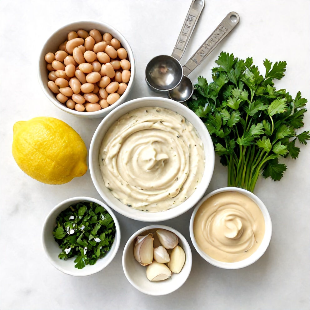Ingredients for creamy lemon herb white bean dip on a white marble surface