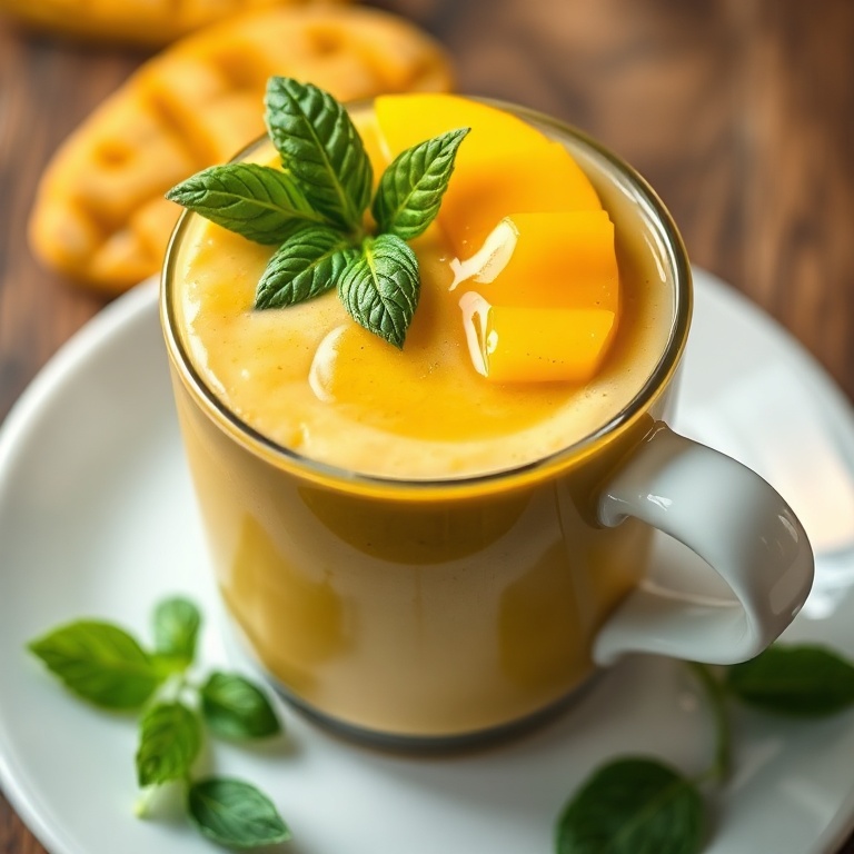 A glass of creamy mango spinach smoothie with a slice of mango on top and a drizzle of honey. The bowl is a white ceramic mug with a fresh garnish of mint leaves.