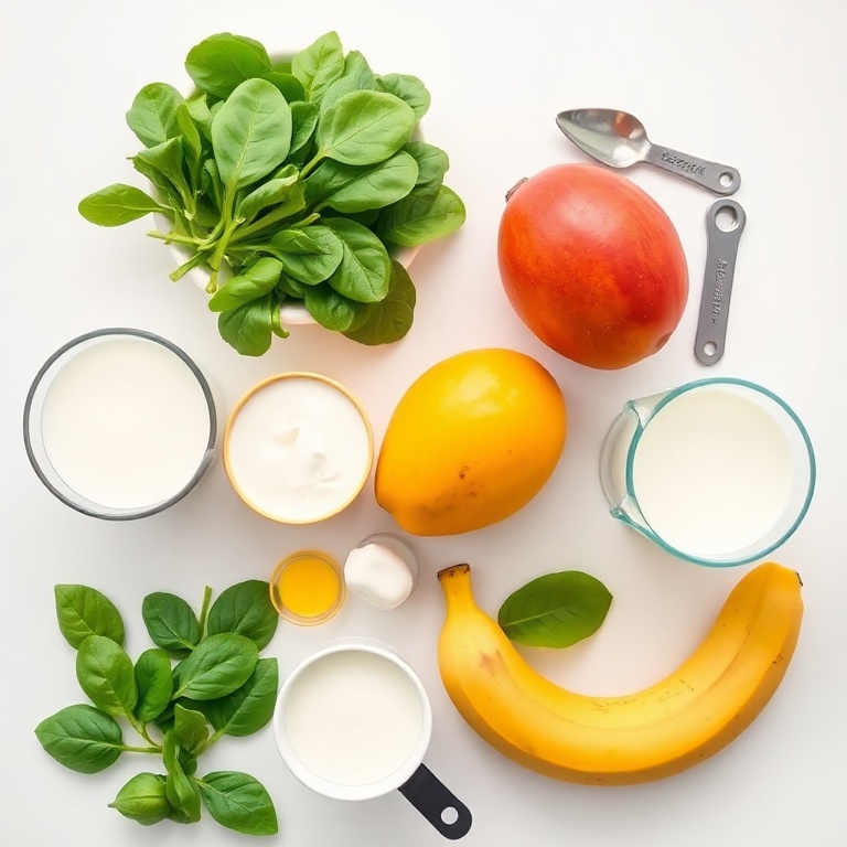 Raw ingredients for a mango spinach smoothie: fresh spinach, ripe mango, Greek yogurt, milk, and a banana arranged in a flat lay on a white surface with measuring tools.