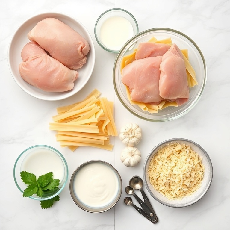 Raw ingredients for Creamy Marry Me Chicken Pasta in a flat lay