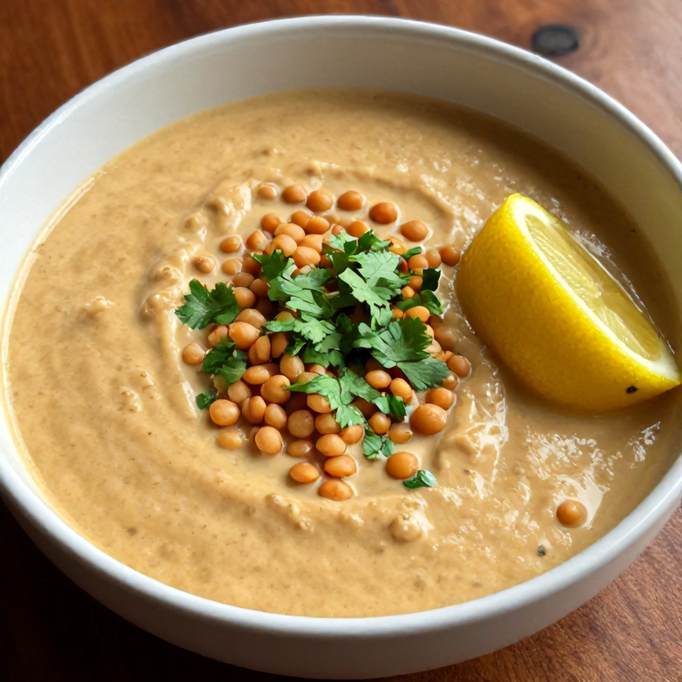 Bowl of Creamy Moroccan Harissa Lentil Soup with a sprinkle of chopped cilantro