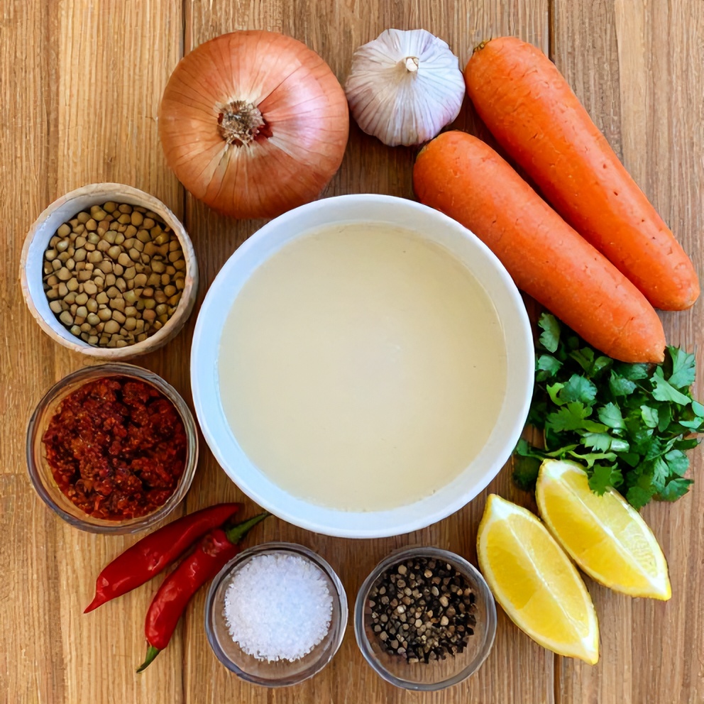 Raw ingredients for Creamy Moroccan Harissa Lentil Soup on a wooden surface