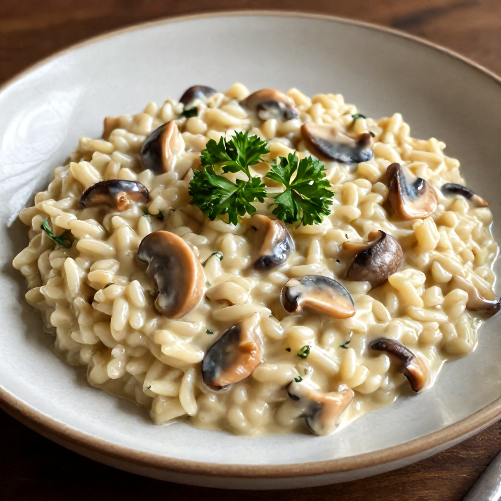 Creamy Mushroom Risotto plated with parsley garnish
