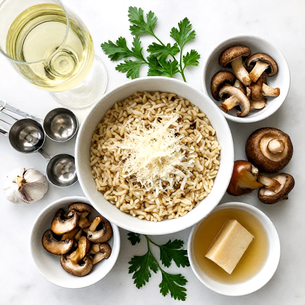 Raw ingredients for creamy mushroom risotto on a wooden surface