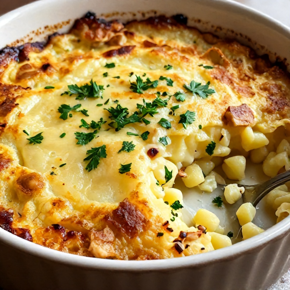 One perfect serving of the creamy Pancetta Porcini Potato Gratin plated on a rustic dish, garnished with fresh parsley.