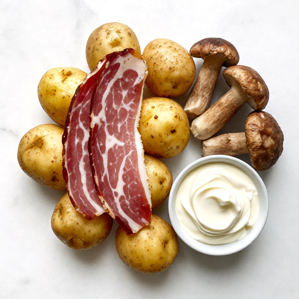 Overhead flat lay of potatoes, pancetta, porcini mushrooms, garlic, and heavy cream on a white marble surface.