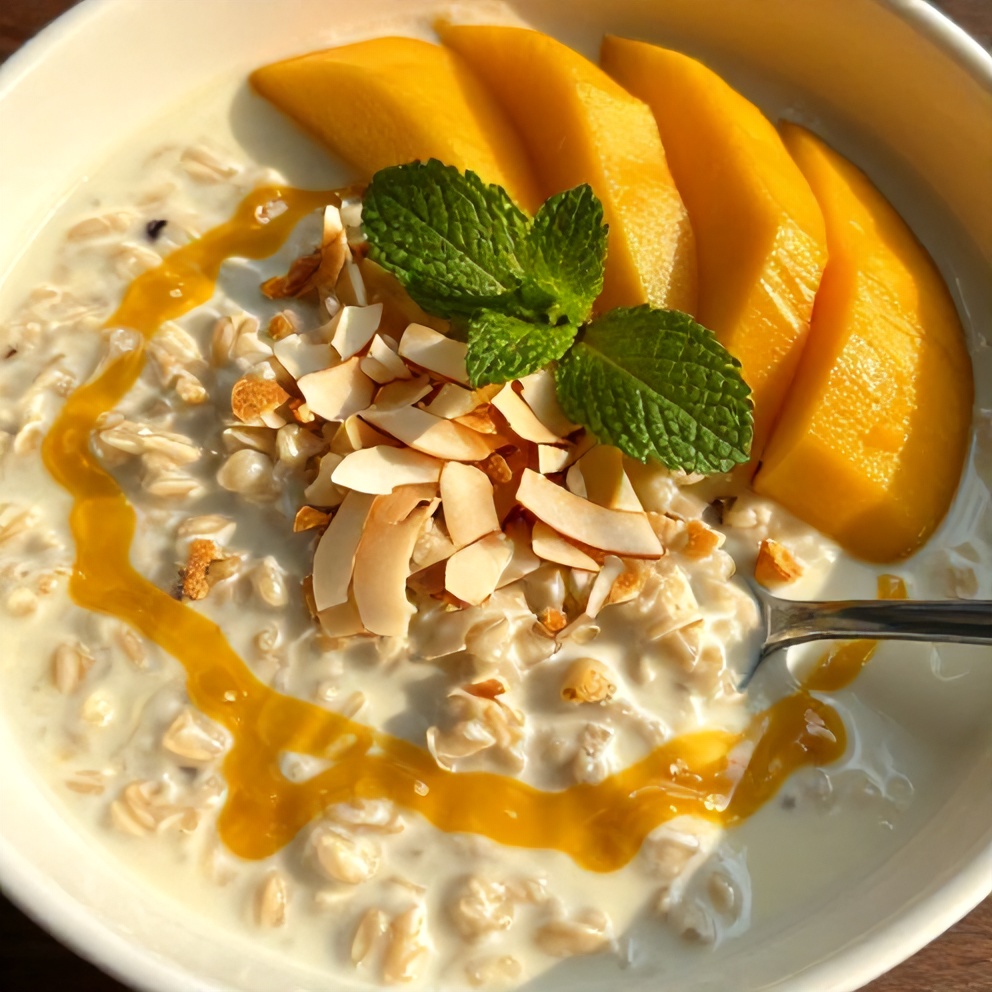 Creamy Pandan Coconut Overnight Oats with Mango Drizzle