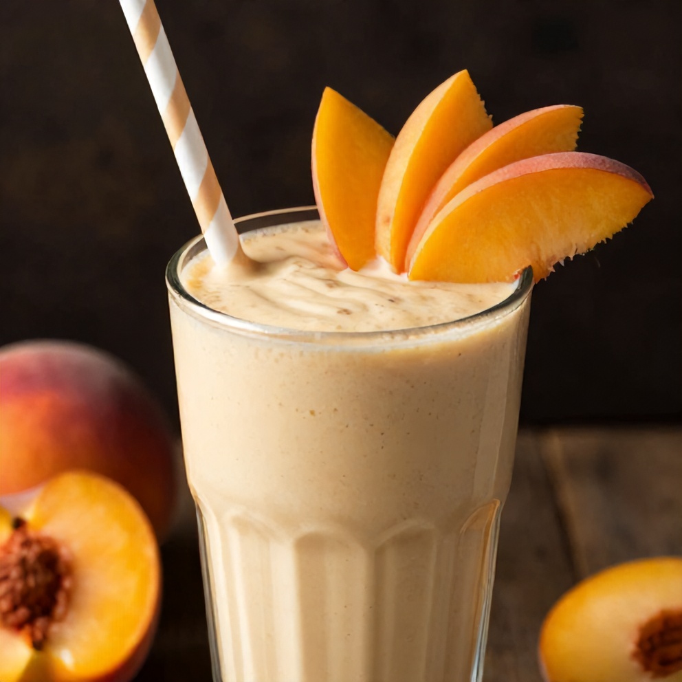 Creamy Peach Protein Shake poured into a glass with a straw