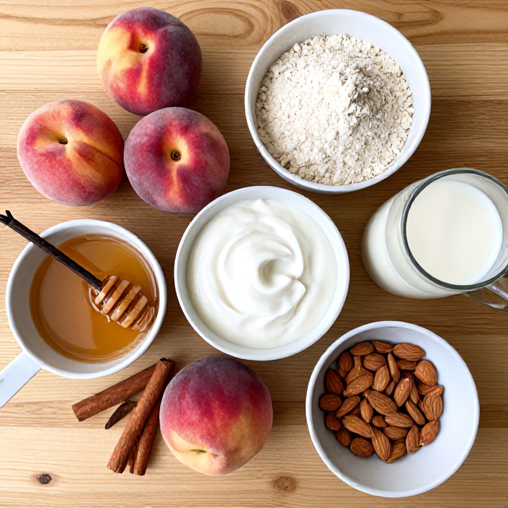 Raw ingredients for Peach Protein Shake on a wooden surface