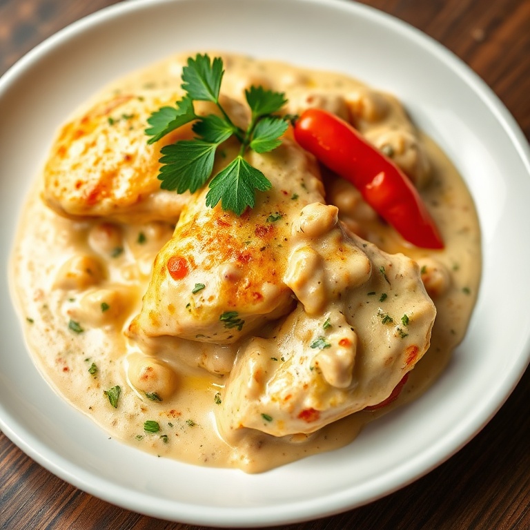 A perfectly plated creamy pepperoncini chicken skillet. Topped with fresh parsley and served on a white plate.