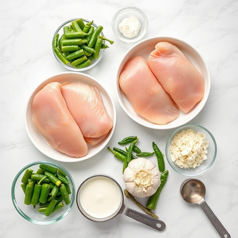 Raw ingredients for pepperoncini chicken skillet: chicken breasts, pepperoncini peppers, garlic, heavy cream, and herbs. Measuring tools and bowls visible.