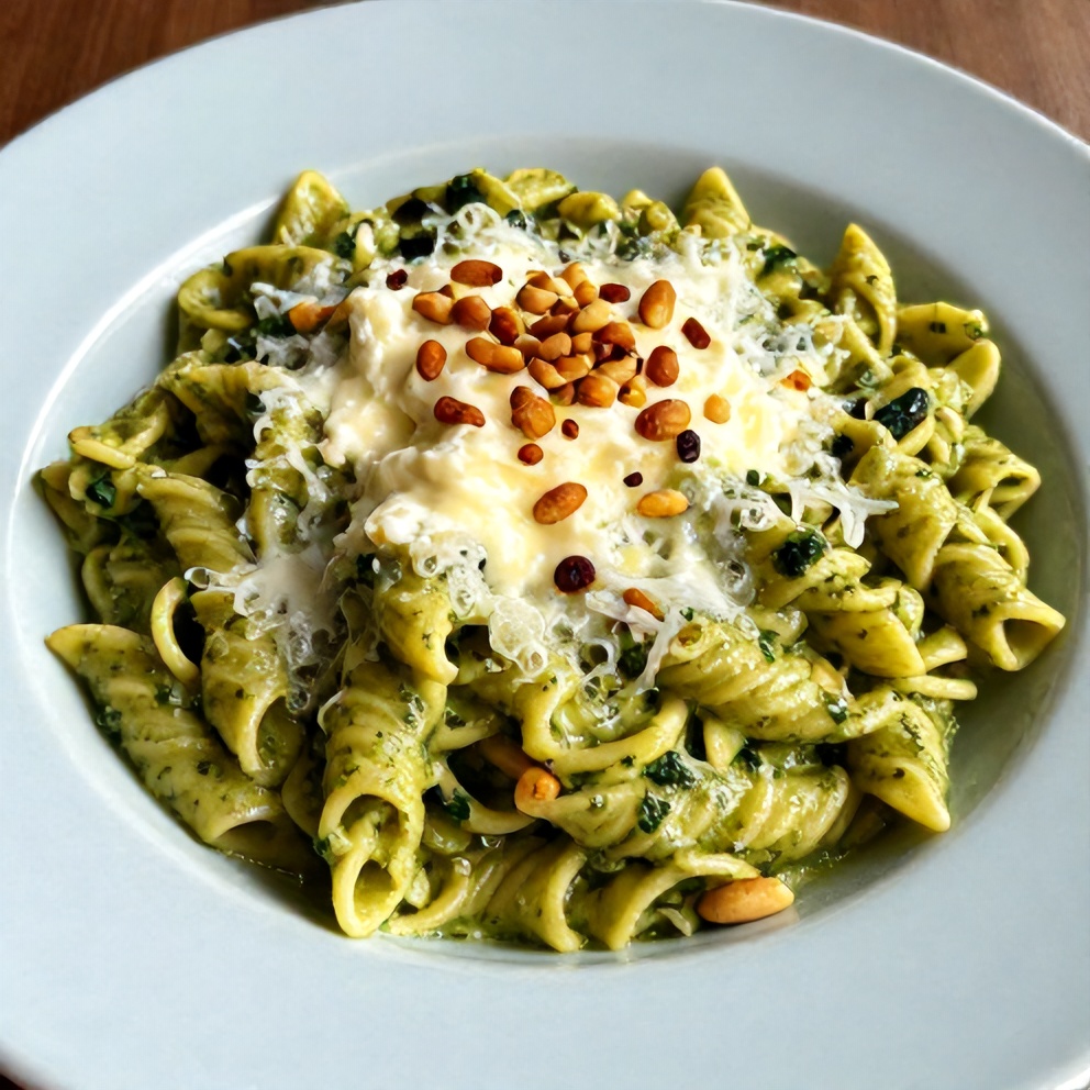 Creamy Pesto Goat Cheese Pasta plated on a light blue plate, warm side lighting highlighting bubbling cheese and crispy pine nuts, no text or watermark.