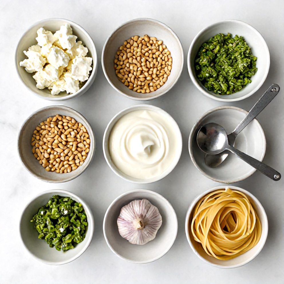 Raw ingredients for Creamy Pesto Goat Cheese Pasta arranged in an overhead flat lay, including goat cheese, pine nuts, garlic, heavy cream, and pasta, small prep bowls and measuring spoons visible, white marble surface, bright even light.