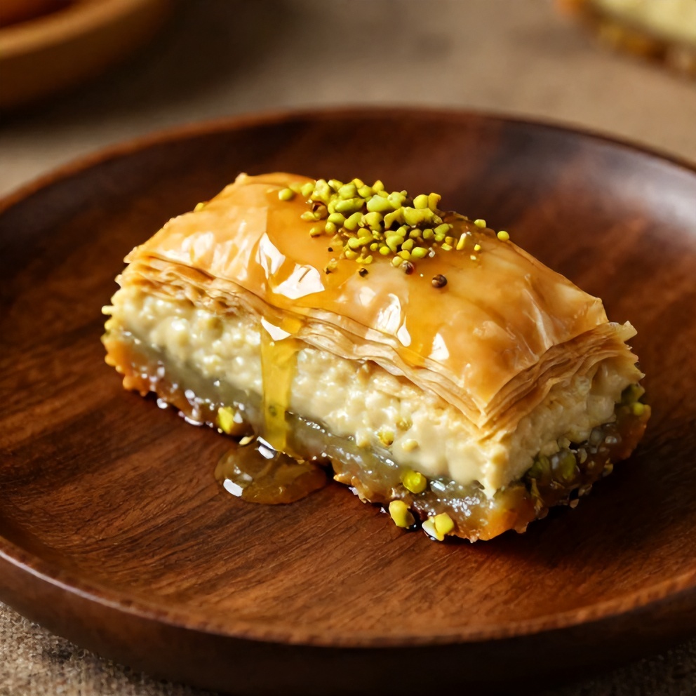 Sliced Pistachio Baklava Cheesecake on a plate with a drizzle of honey and pistachio crumble