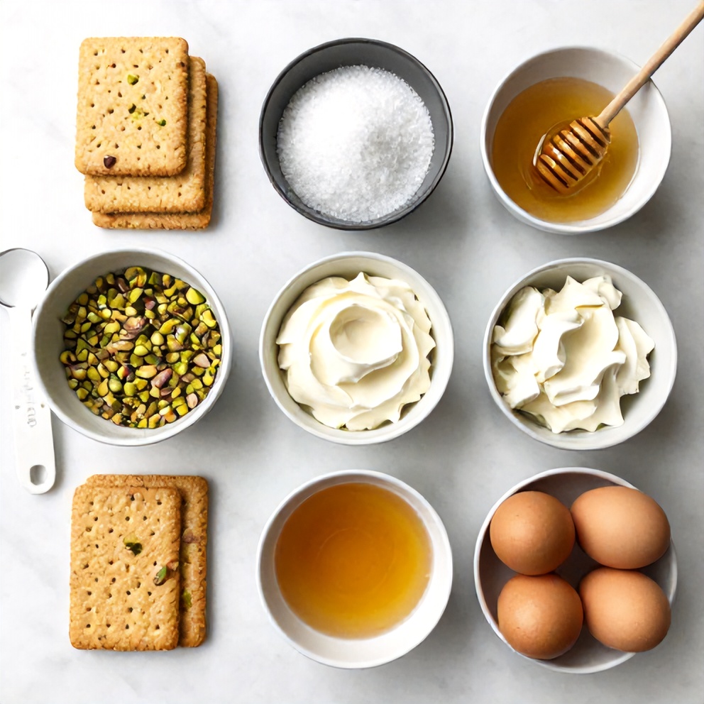 Raw ingredients for Pistachio Baklava Cheesecake: graham crackers, pistachios, sugar, cream cheese, honey, vanilla extract, etc.