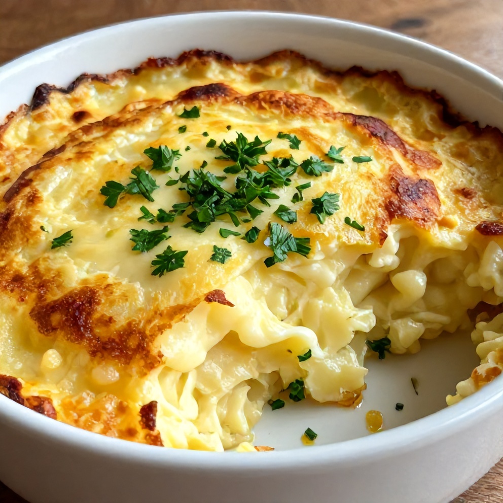 Perfectly baked creamy potato gratin with crispy edges
