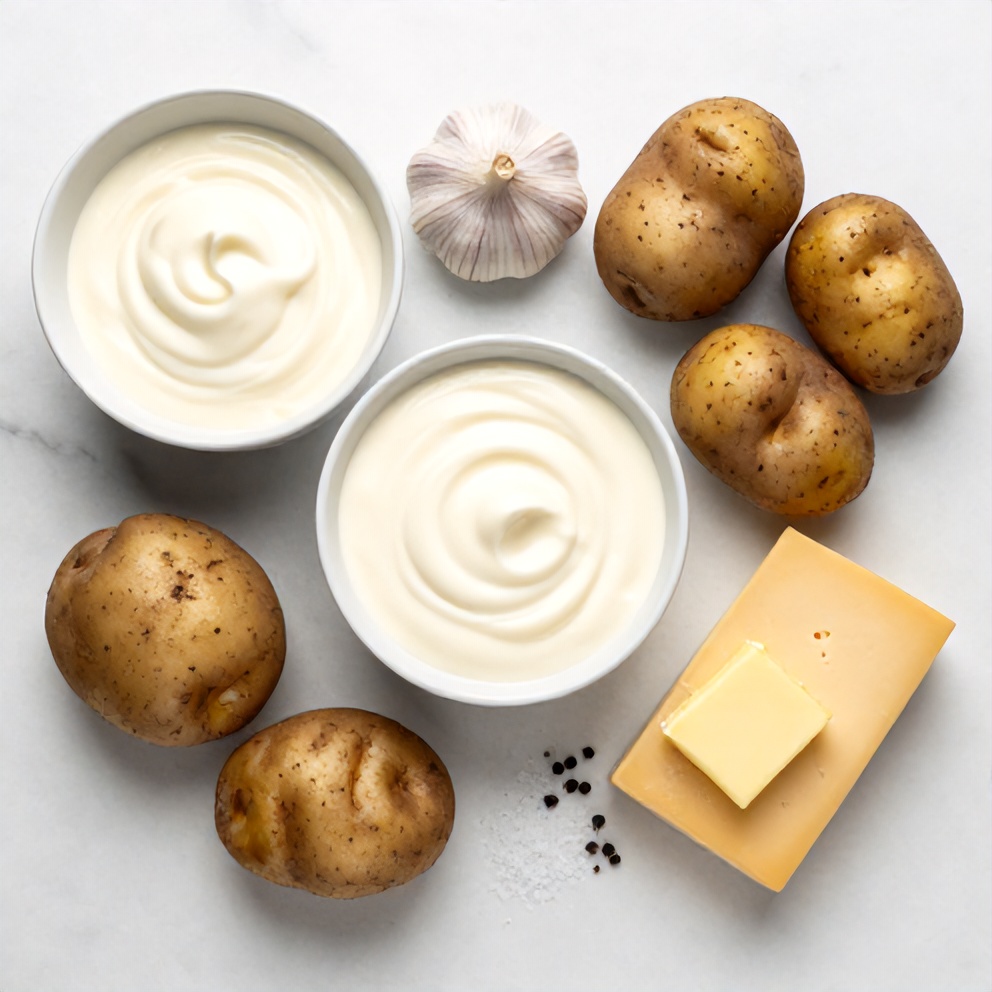 Raw ingredients for creamy potato gratin: potatoes, heavy cream, garlic, cheese, butter, salt, and pepper