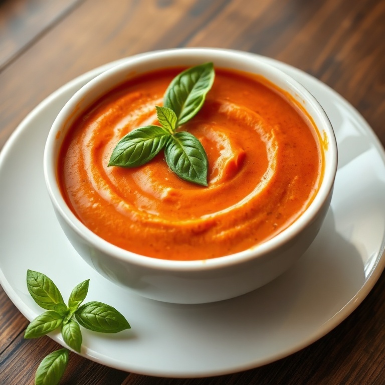 A single serving of creamy roasted garlic tomato soup topped with fresh herbs. Warm side lighting highlights the texture and depth of the soup.