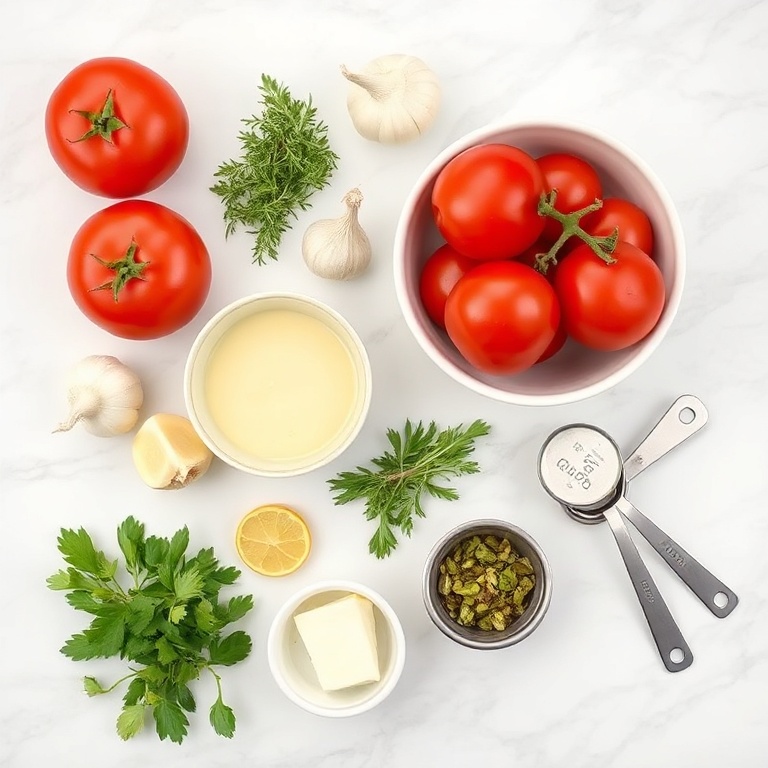 Raw ingredients for creamy roasted garlic tomato soup arranged in an overhead flat lay. Fresh tomatoes, garlic, onions, butter, and herbs visible.