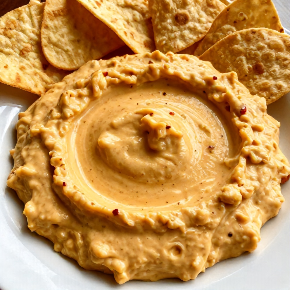 Creamy Roasted Red Pepper and Garlic Dip served with pita chips