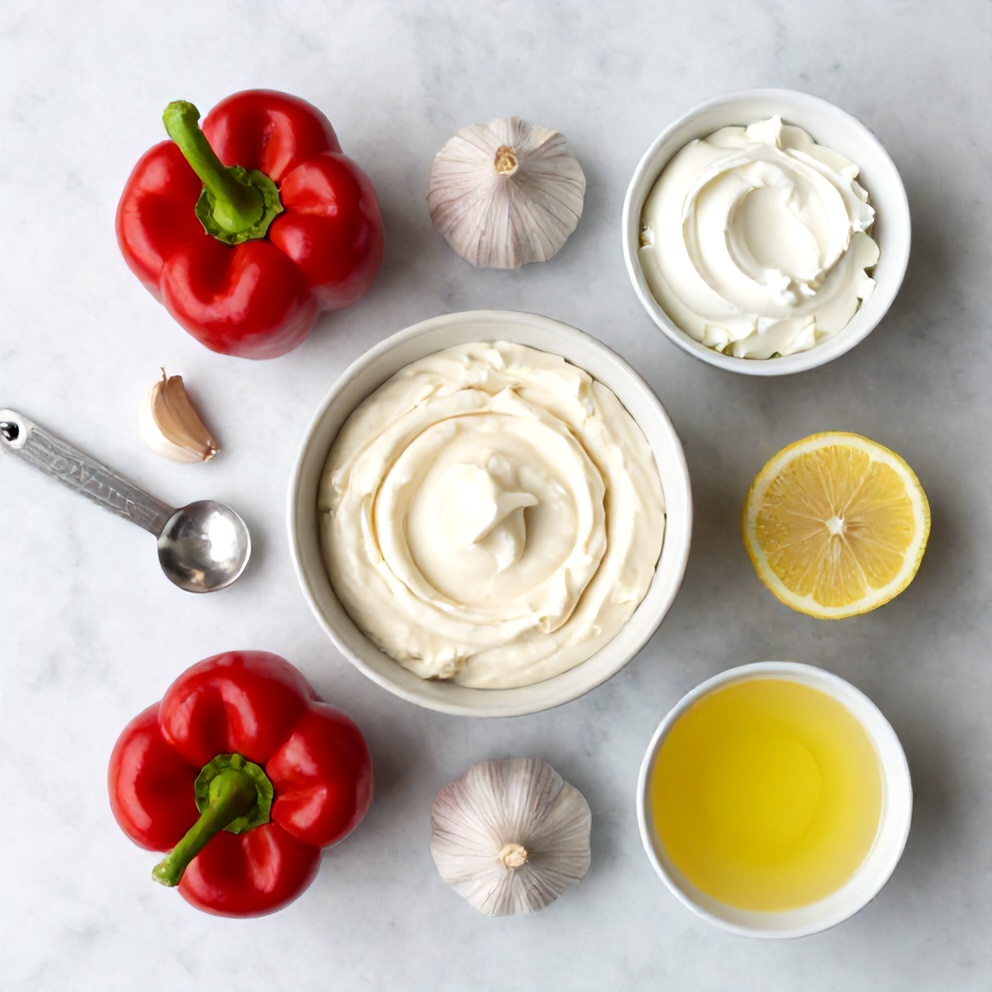 Ingredients for Creamy Roasted Red Pepper and Garlic Dip on a marble surface