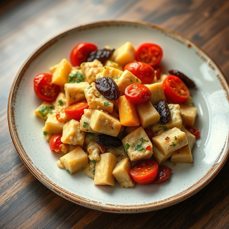 Serving of creamy roasted vegetable medley with sun-dried tomatoes on a ceramic plate.