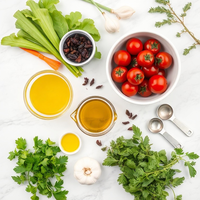 Raw vegetables, sun-dried tomatoes, olive oil, garlic, and herbs arranged in an overhead flat lay.