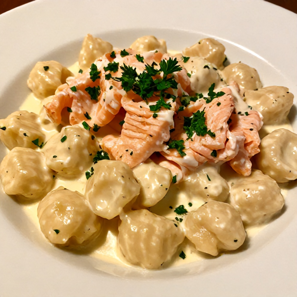 Plate of Creamy Smoked Salmon Gnocchi with fresh parsley